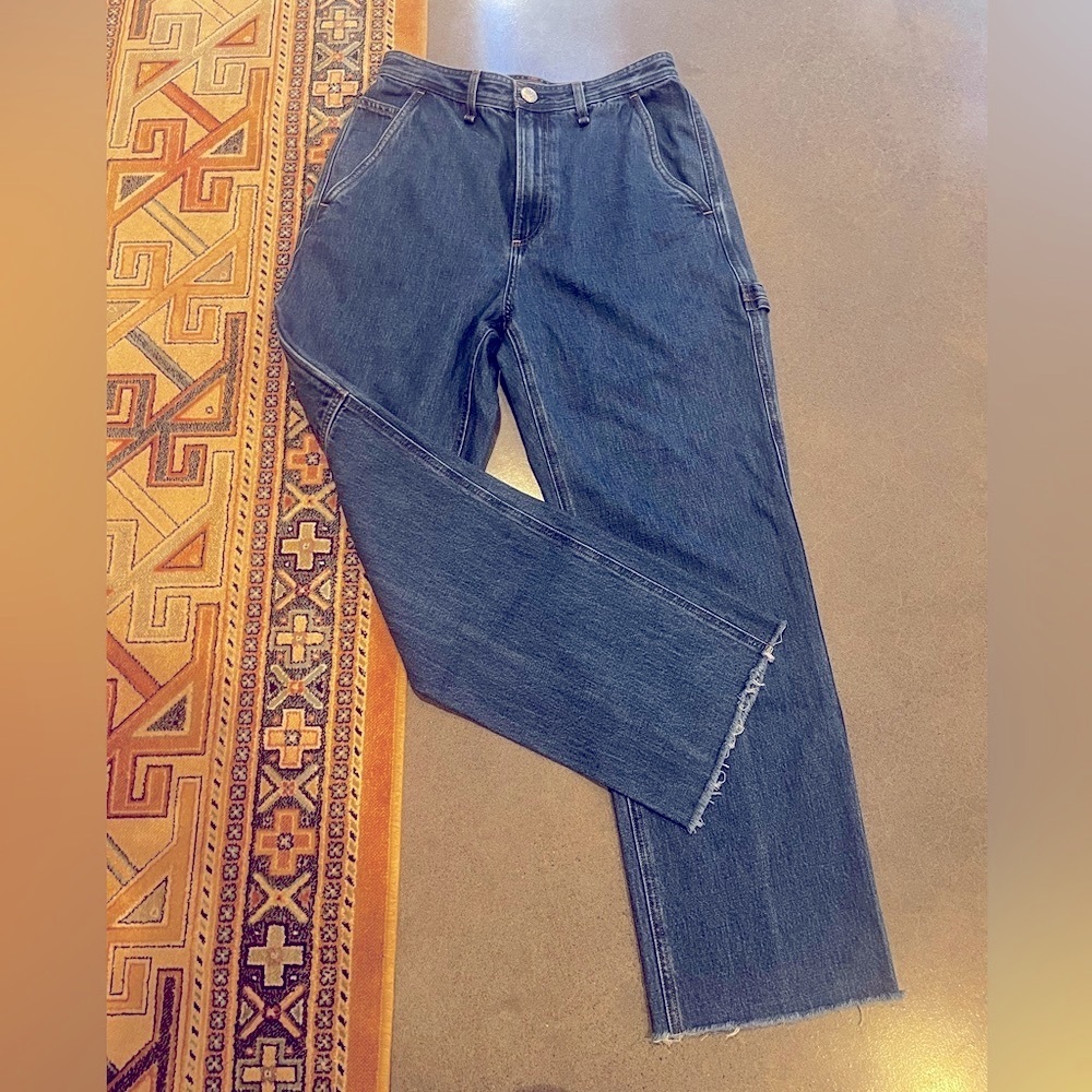 Rag and Bone Ruth Super High Rise Straight Denim. Frayed hem, carpenter pockets.